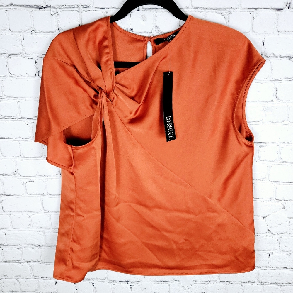 BADGLEY MISCHKA | satin ruched knotted asymmetrical shoulder blouse